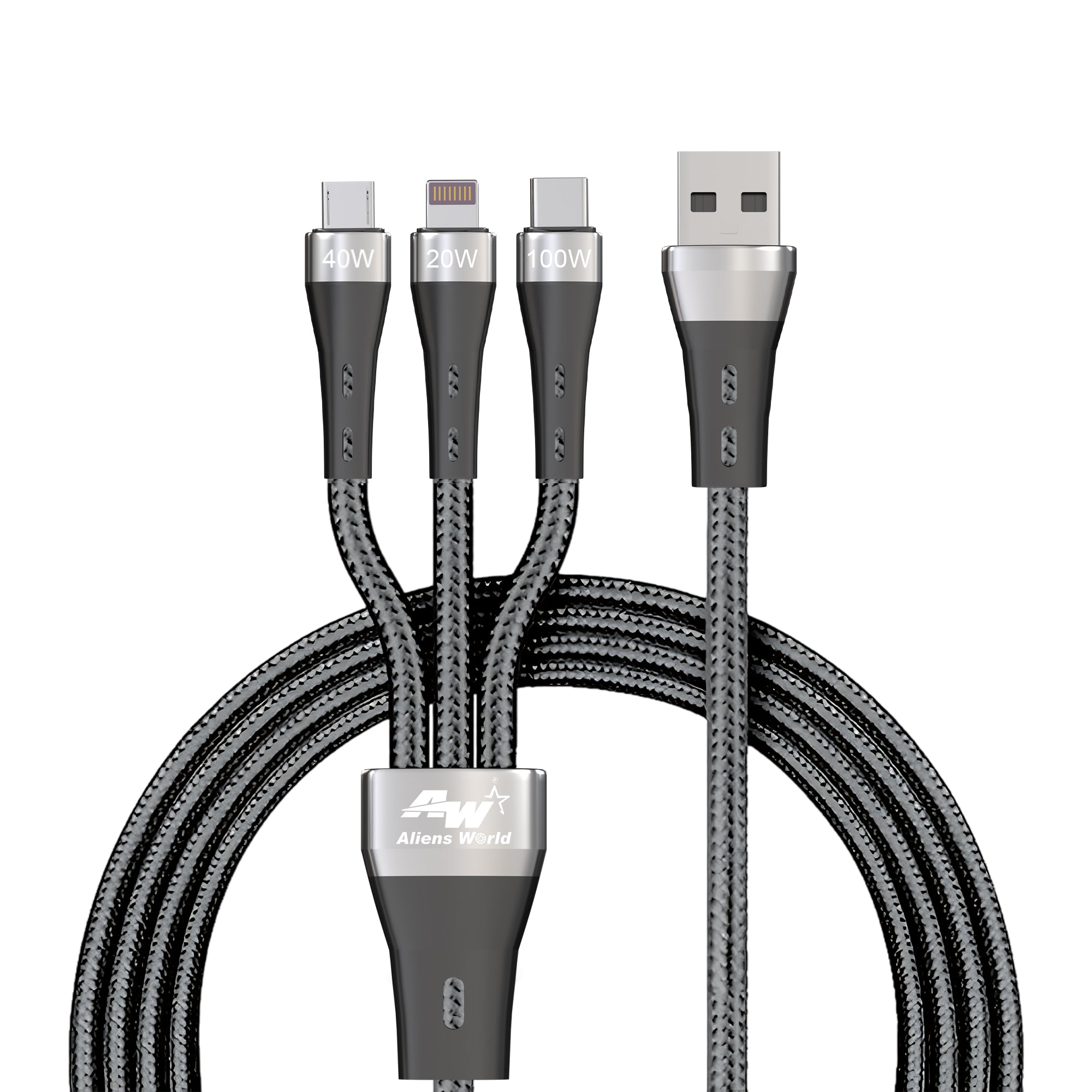 Fast Charging Cable 100W Type-C + Lightning + Micro USB