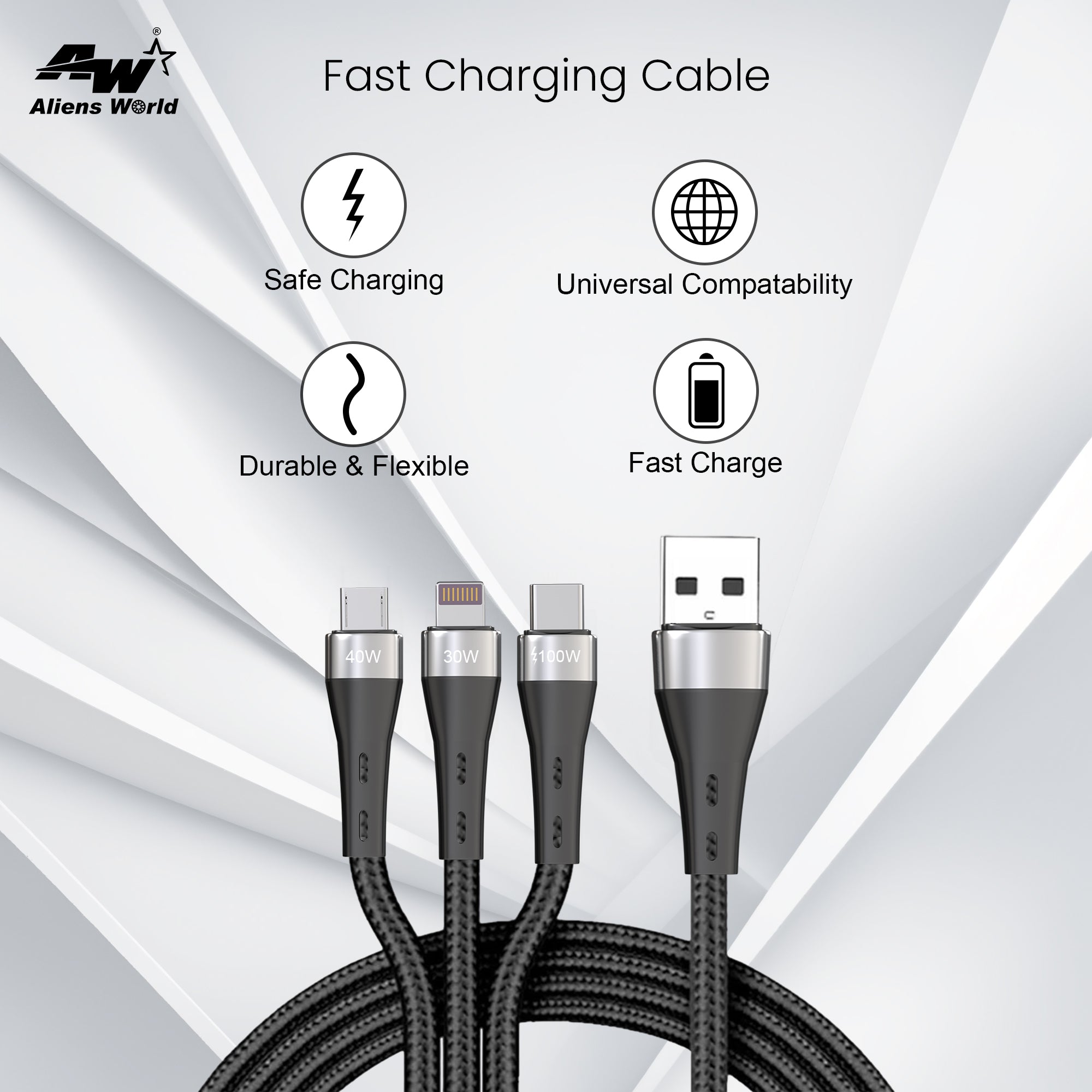 Fast Charging Cable 100W Type-C + Lightning + Micro USB