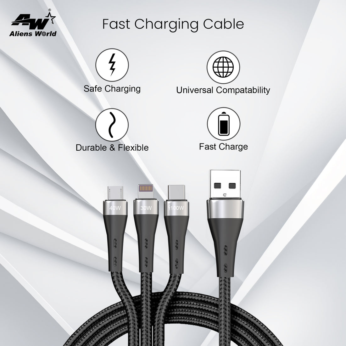 Fast Charging Cable 100W Type-C + Lightning + Micro USB