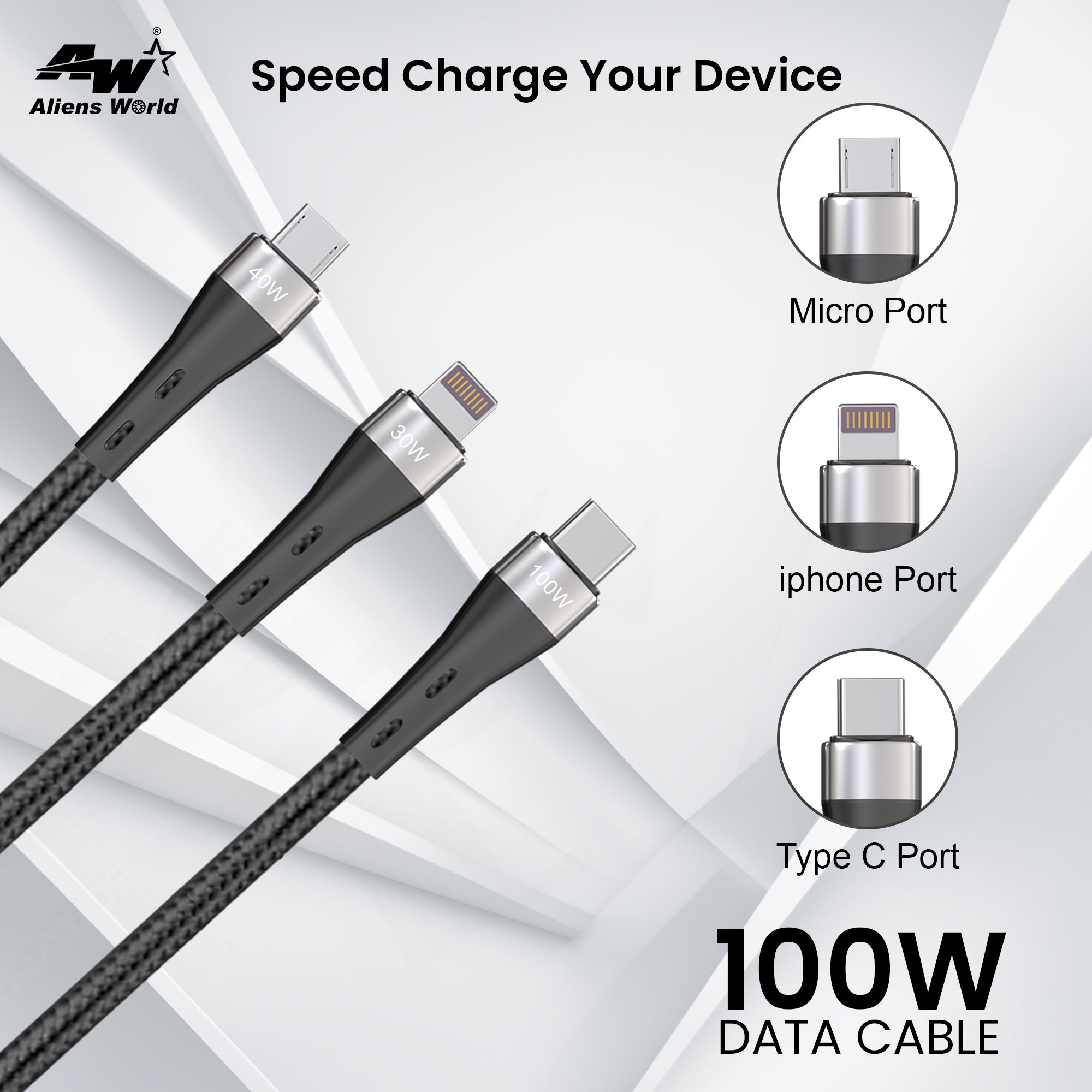 Fast Charging Cable 100W Type-C + Lightning + Micro USB