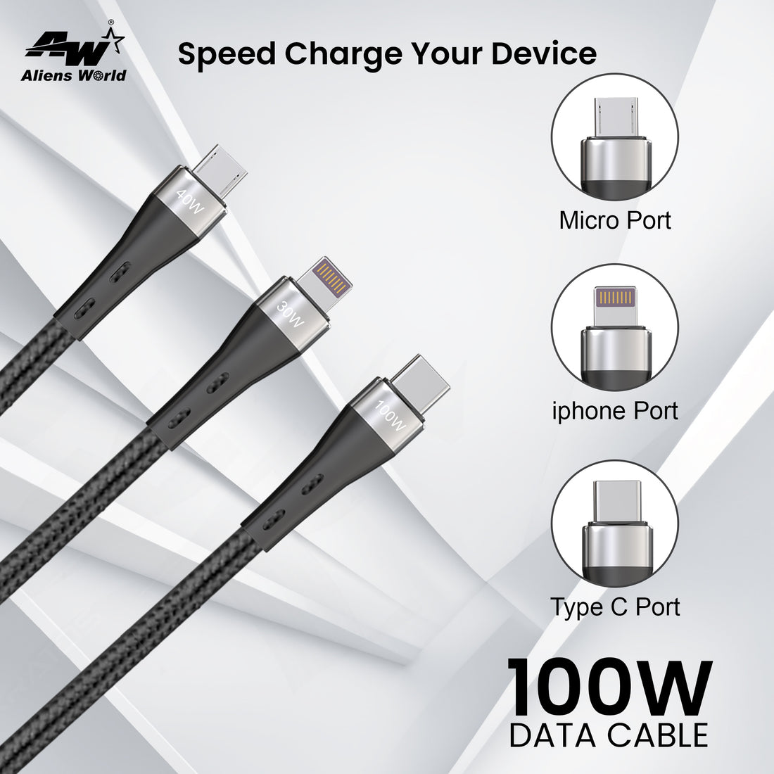 Fast Charging Cable 100W Type-C + Lightning + Micro USB